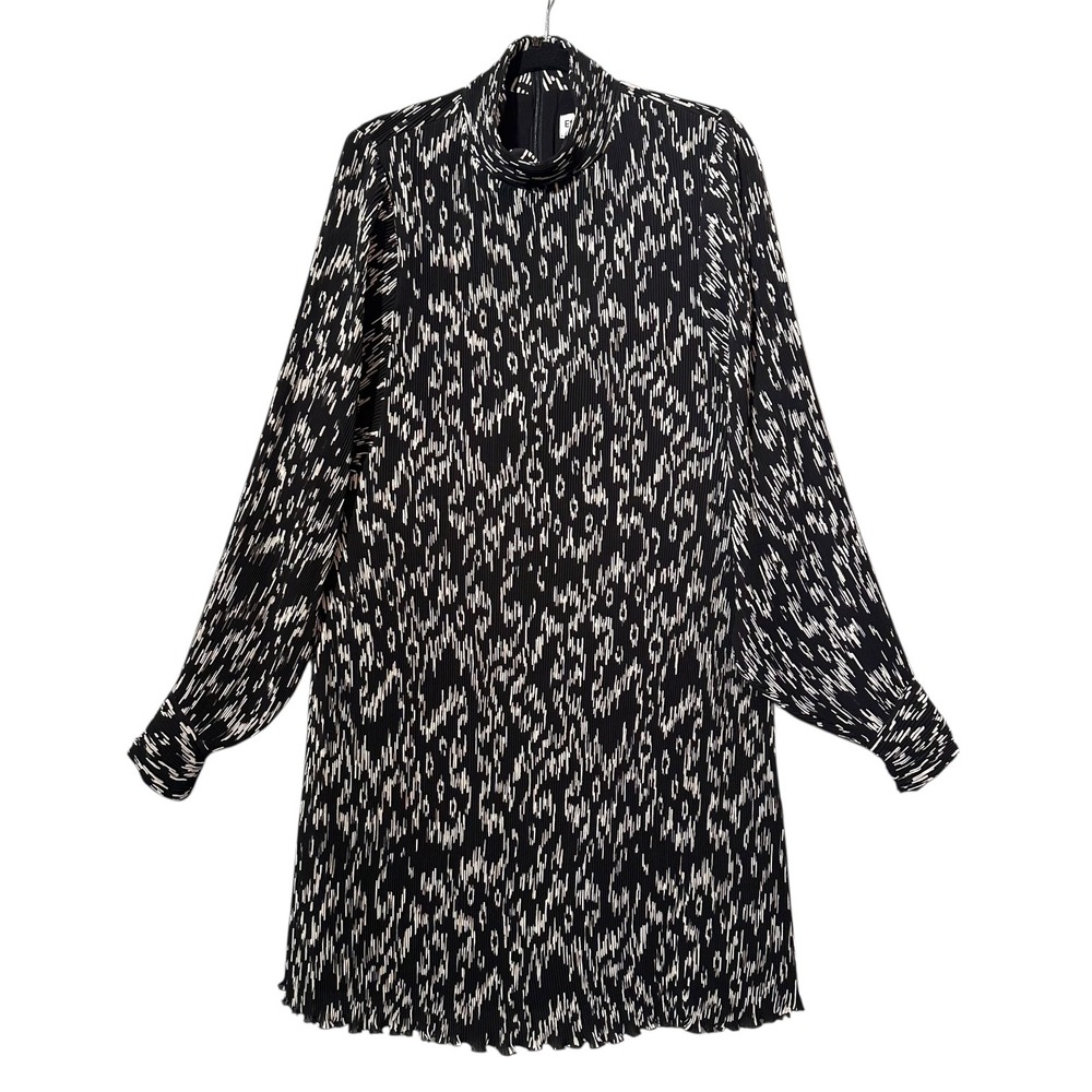 Essentiel Antwerp Astatic Pleated Mock‎ Neck Bishop Sleeve Dress Black White 40